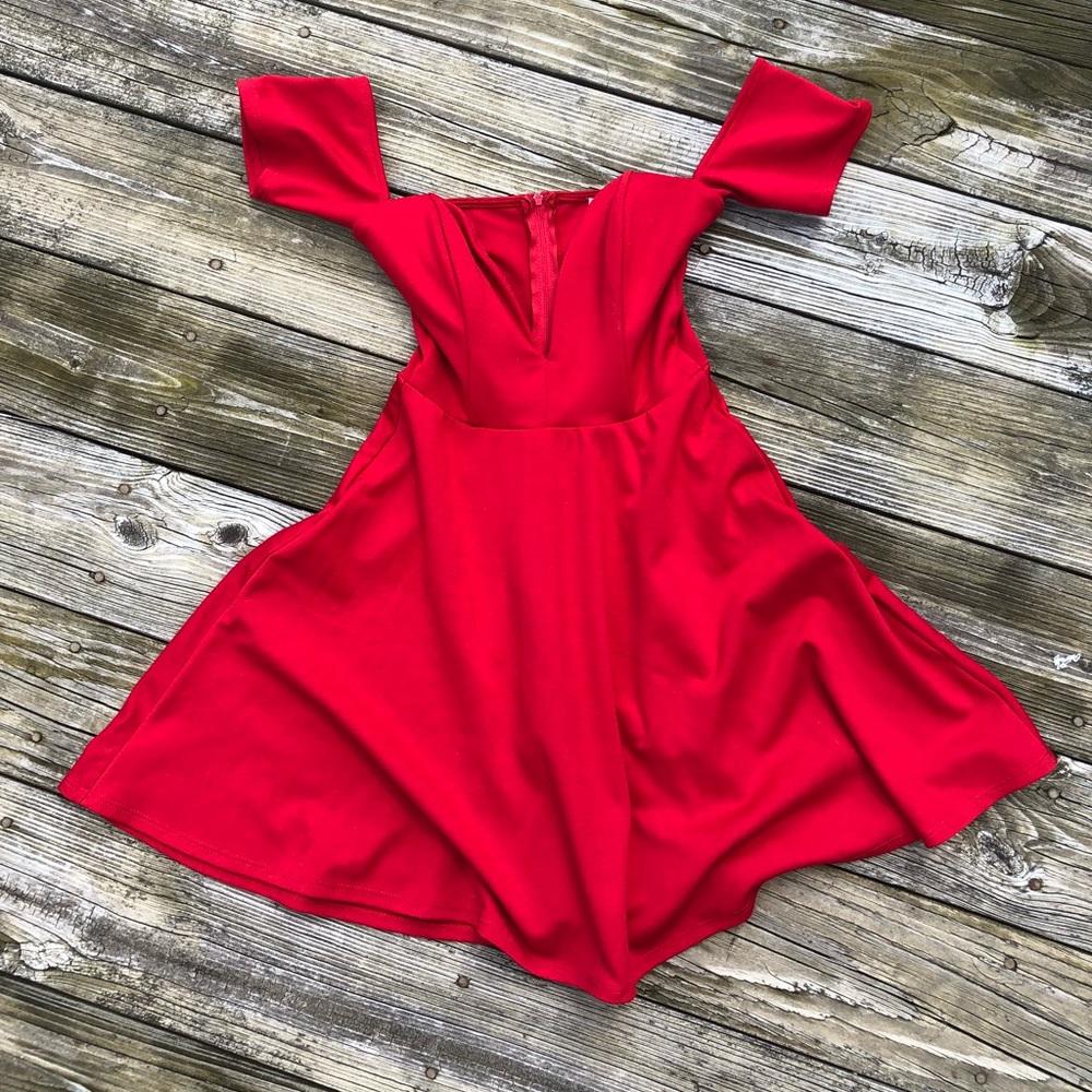 NASTYGAL gorgeous red Bardot off the shoulder skater dress size m - Picture 3 of 8